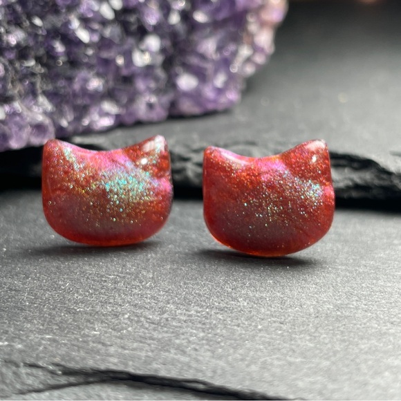 Stud Earrings Sparkly Glitter Cat Stud Hand Poured Resin 
Post Earrings - Picture 2 of 10